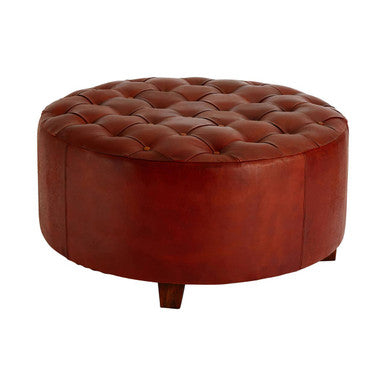 Orsina Inca Round Tufted Antique Brown Leather Large Ottoman Stool