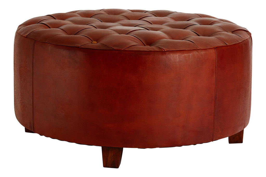 Orsina Inca Round Tufted Antique Brown Leather Large Ottoman Stool
