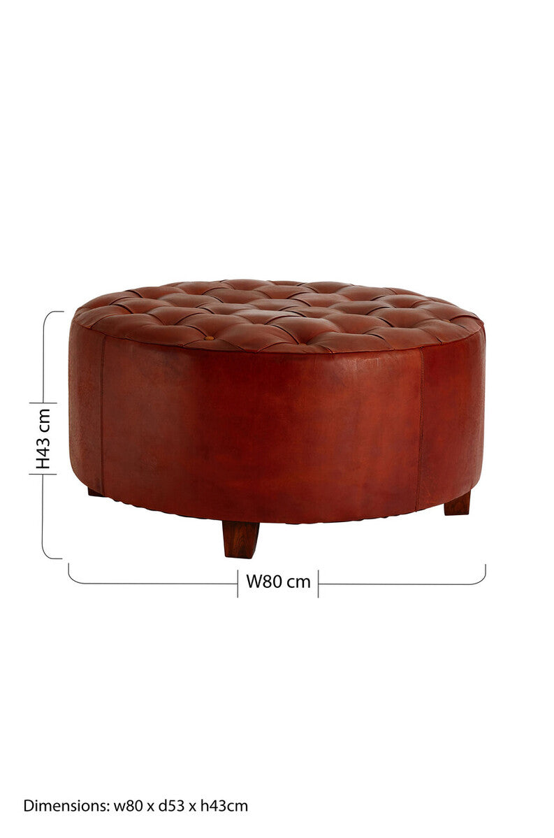 Orsina Inca Round Tufted Antique Brown Leather Large Ottoman Stool