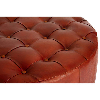 Orsina Inca Round Tufted Antique Brown Leather Large Ottoman Stool