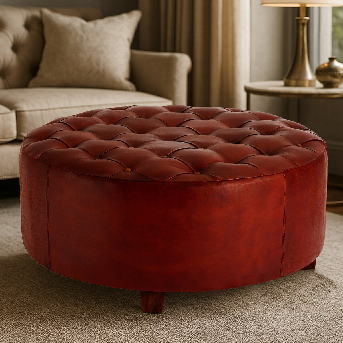Orsina Inca Round Tufted Antique Brown Leather Large Ottoman Stool