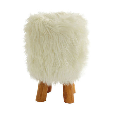 Orsina Inca White Faux Fur Round Footstool with Teak Wood Legs
