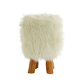 Orsina Inca White Faux Fur Round Footstool with Teak Wood Legs