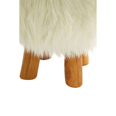 Orsina Inca White Faux Fur Round Footstool with Teak Wood Legs