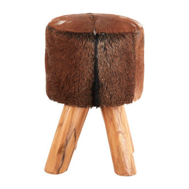 Orsina Inca Brown Goat Hide Leather Round Stool with Teak Base