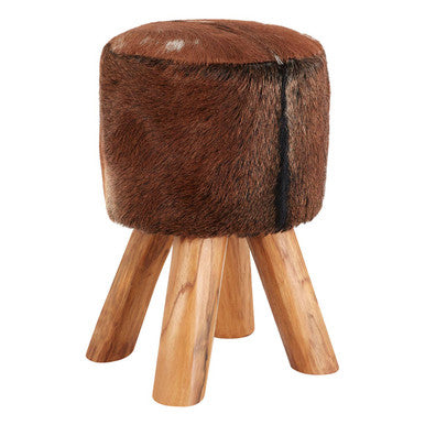 Orsina Inca Brown Goat Hide Leather Round Stool with Teak Base