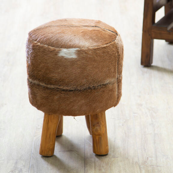 Orsina Inca Brown Goat Hide Leather Round Stool with Teak Base