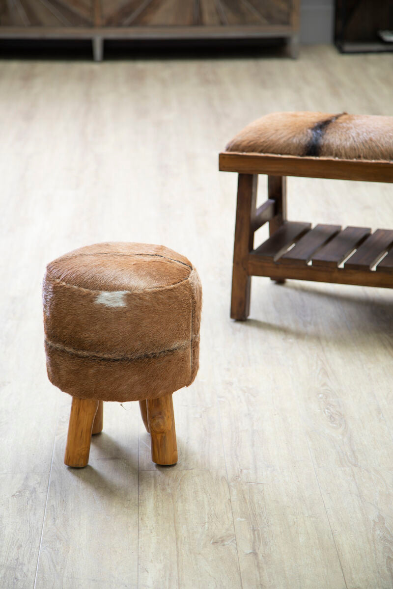 Orsina Inca Brown Goat Hide Leather Round Stool with Teak Base