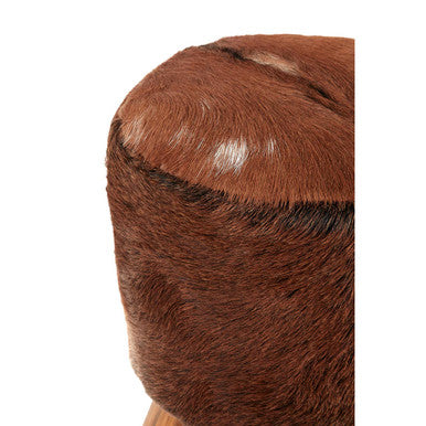 Orsina Inca Brown Goat Hide Leather Round Stool with Teak Base