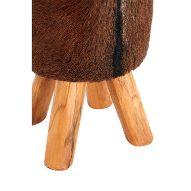 Orsina Inca Brown Goat Hide Leather Round Stool with Teak Base