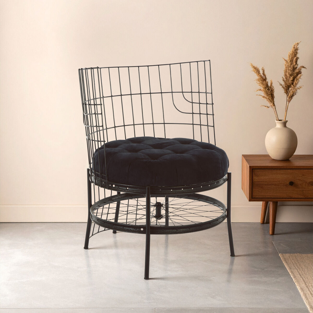 Orsina Mantis Black Wheel Design Chair – Industrial Iron Accent Seating