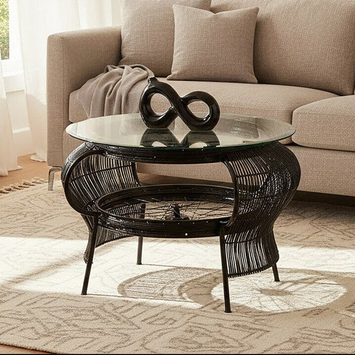 Orsina Mantis Round Glass Coffee Table | Black Bamboo & Iron Frame