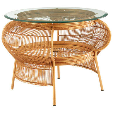 Orsina Mantis Round Glass Coffee Table – Gold Bamboo & Iron Frame