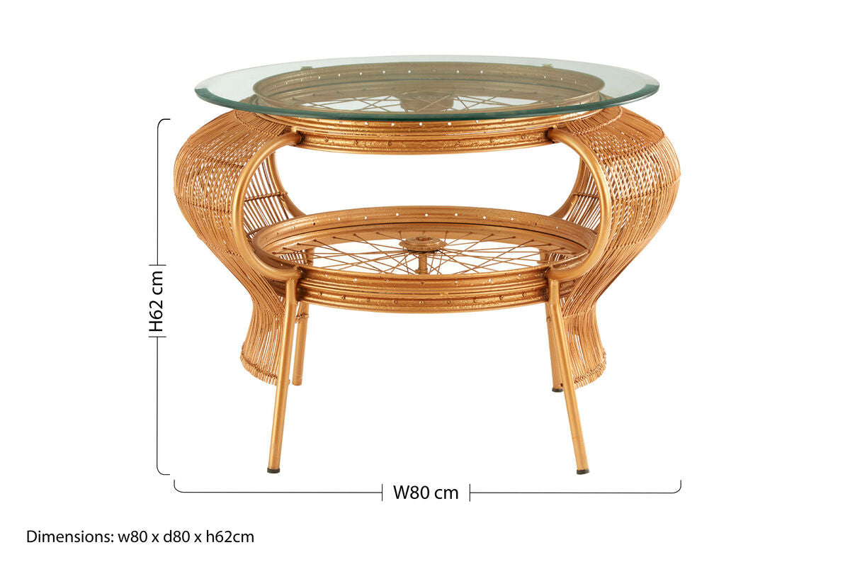 Orsina Mantis Round Glass Coffee Table – Gold Bamboo & Iron Frame