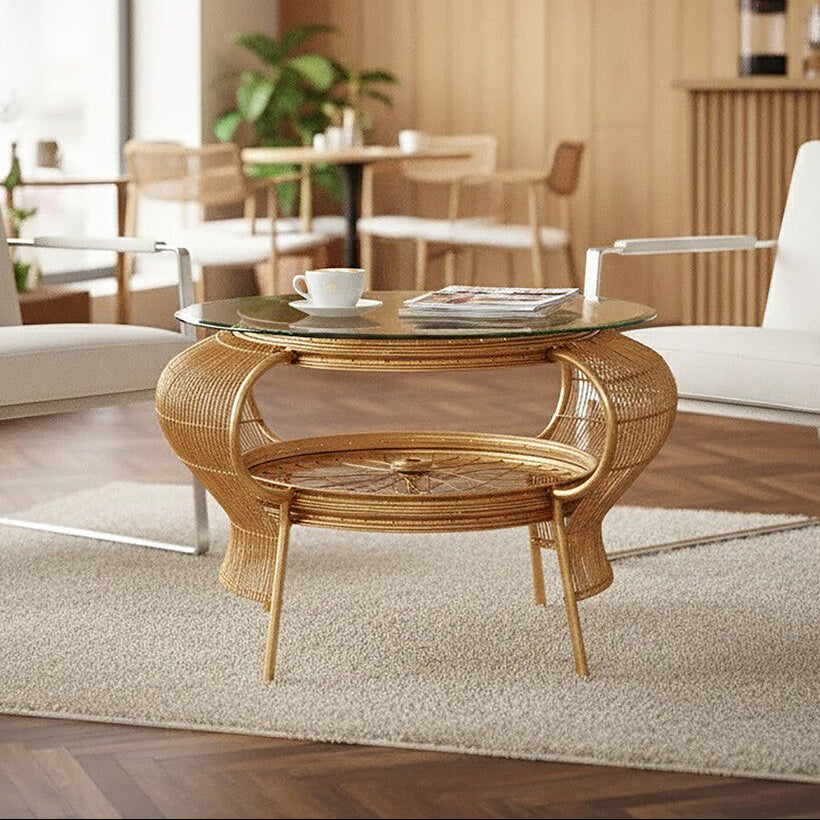 Orsina Mantis Round Glass Coffee Table – Gold Bamboo & Iron Frame