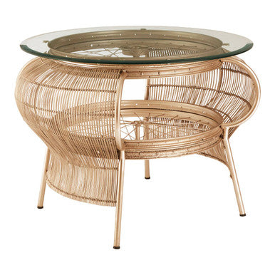 Orsina Mantis Round Glass Side Table – Champagne Gold Bamboo & Iron
