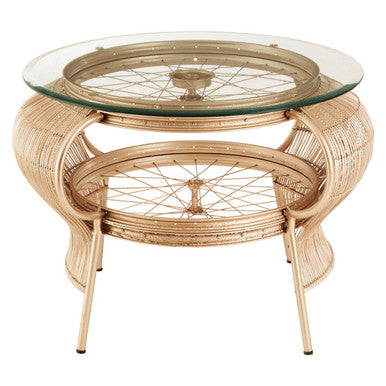 Orsina Mantis Round Glass Side Table – Champagne Gold Bamboo & Iron