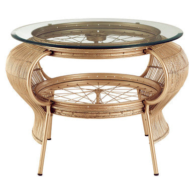 Orsina Mantis Round Glass Side Table – Champagne Gold Bamboo & Iron