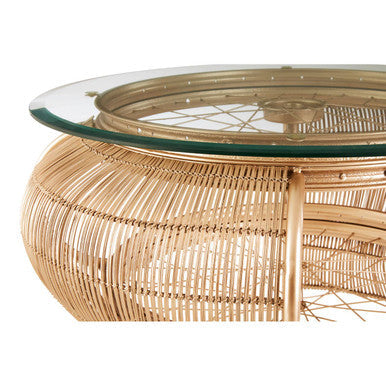 Orsina Mantis Round Glass Side Table – Champagne Gold Bamboo & Iron