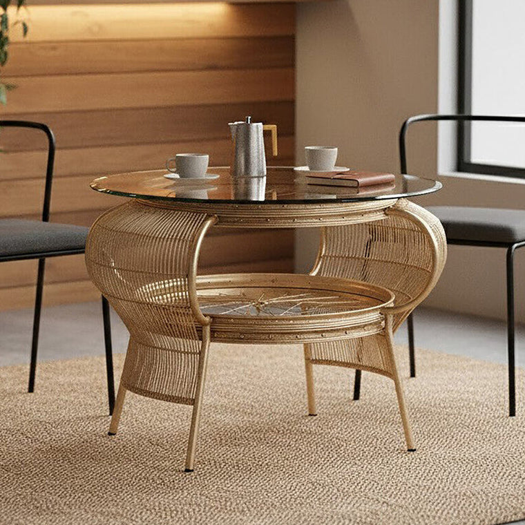 Orsina Mantis Round Glass Side Table – Champagne Gold Bamboo & Iron
