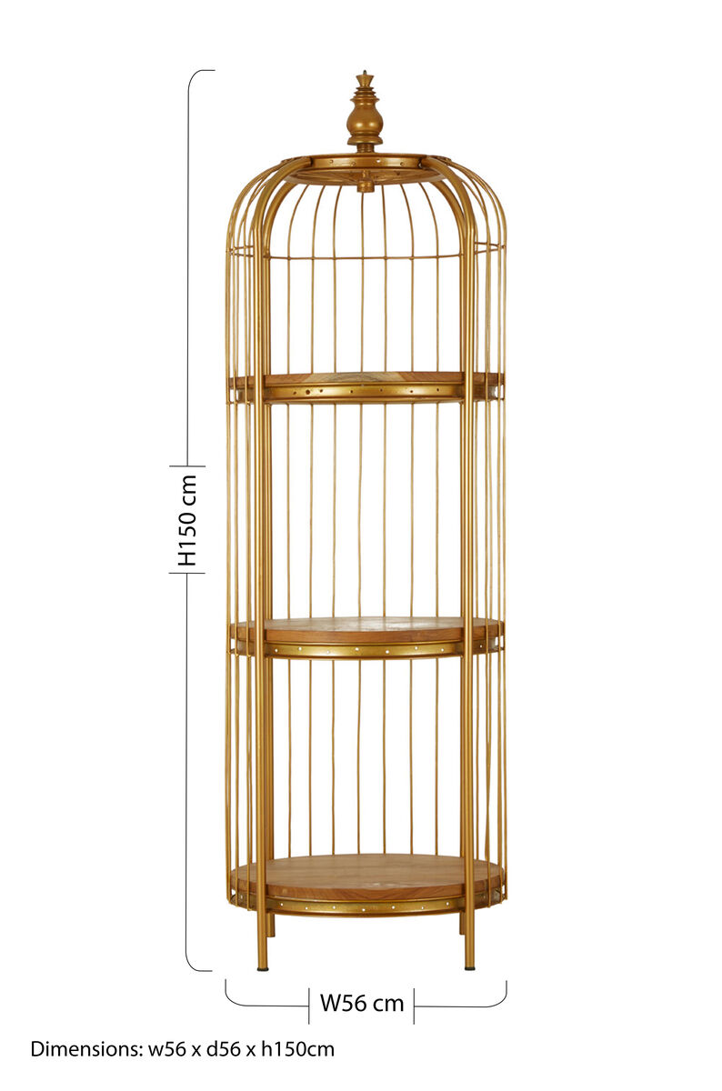 Orsina Mantis Medium Birdcage Shelf Unit | Gold Finish & Wood
