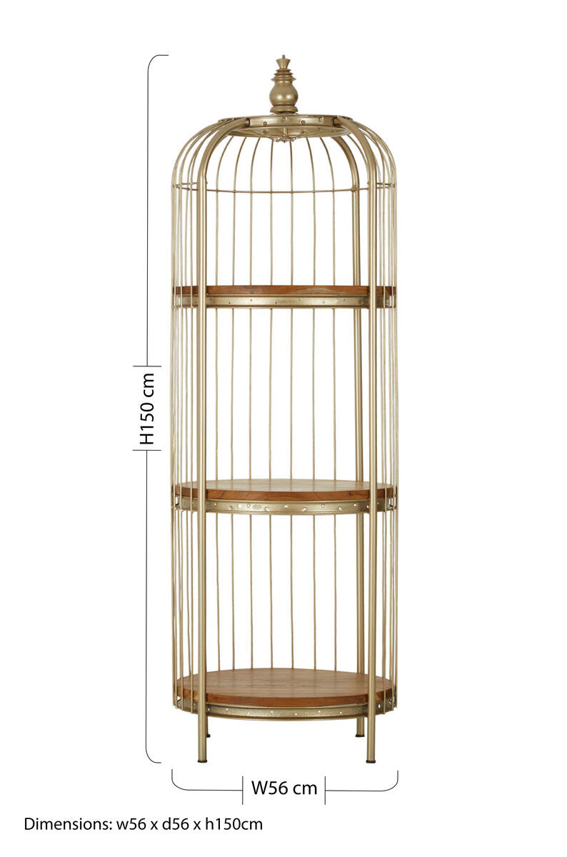 Orsina Mantis 3-Tier Birdcage Shelf Unit | Champagne Gold & Wood