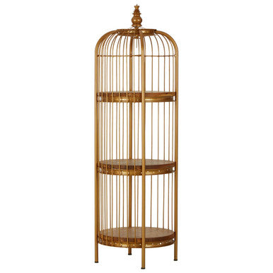 Orsina Gold Birdcage Shelf Unit – 3-Tier Teak Wood Display Stand