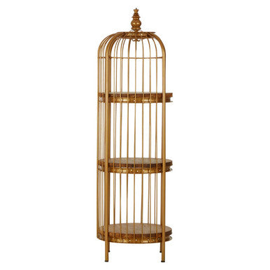 Orsina Gold Birdcage Shelf Unit – 3-Tier Teak Wood Display Stand