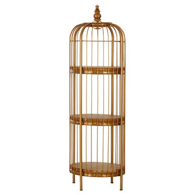 Orsina Gold Birdcage Shelf Unit – 3-Tier Teak Wood Display Stand