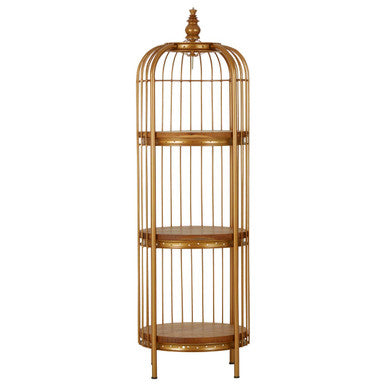 Orsina Gold Birdcage Shelf Unit – 3-Tier Teak Wood Display Stand