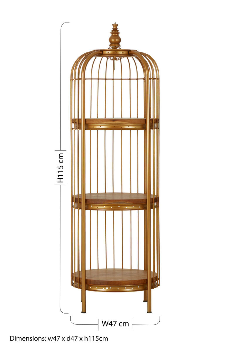 Orsina Gold Birdcage Shelf Unit – 3-Tier Teak Wood Display Stand