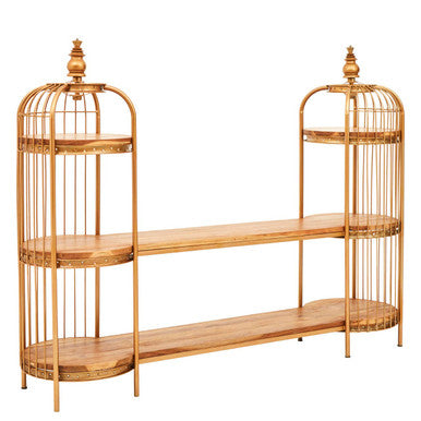 Orsina Mantis Gold Birdcage Shelf Unit – Long Wood & Iron Display