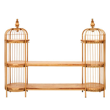 Orsina Mantis Gold Birdcage Shelf Unit – Long Wood & Iron Display