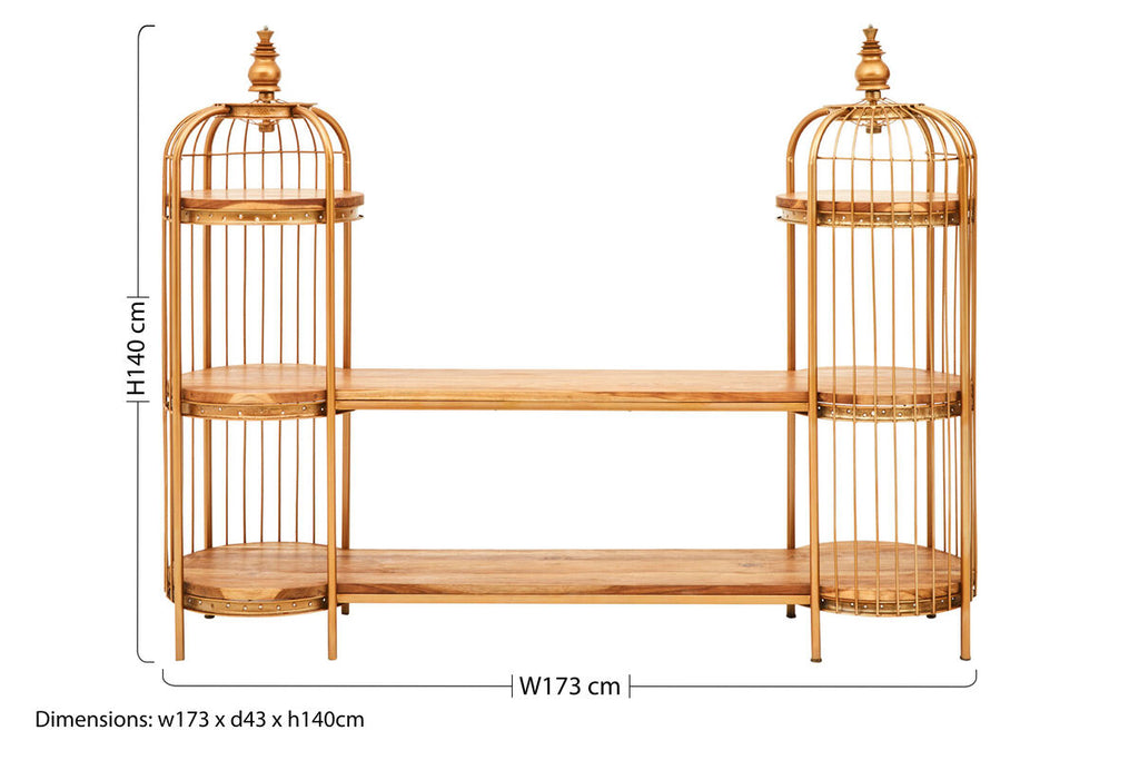 Orsina Mantis Gold Birdcage Shelf Unit – Long Wood & Iron Display