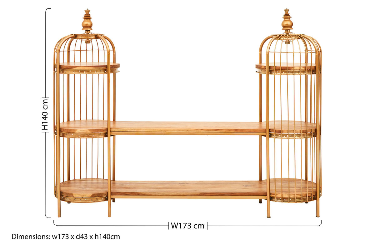 Orsina Mantis Gold Birdcage Shelf Unit – Long Wood & Iron Display