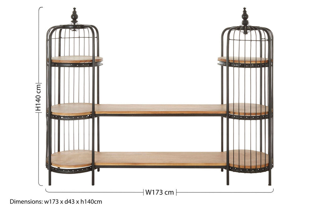 Orsina Mantis Birdcage Shelf Unit | Black Iron & Natural Wood