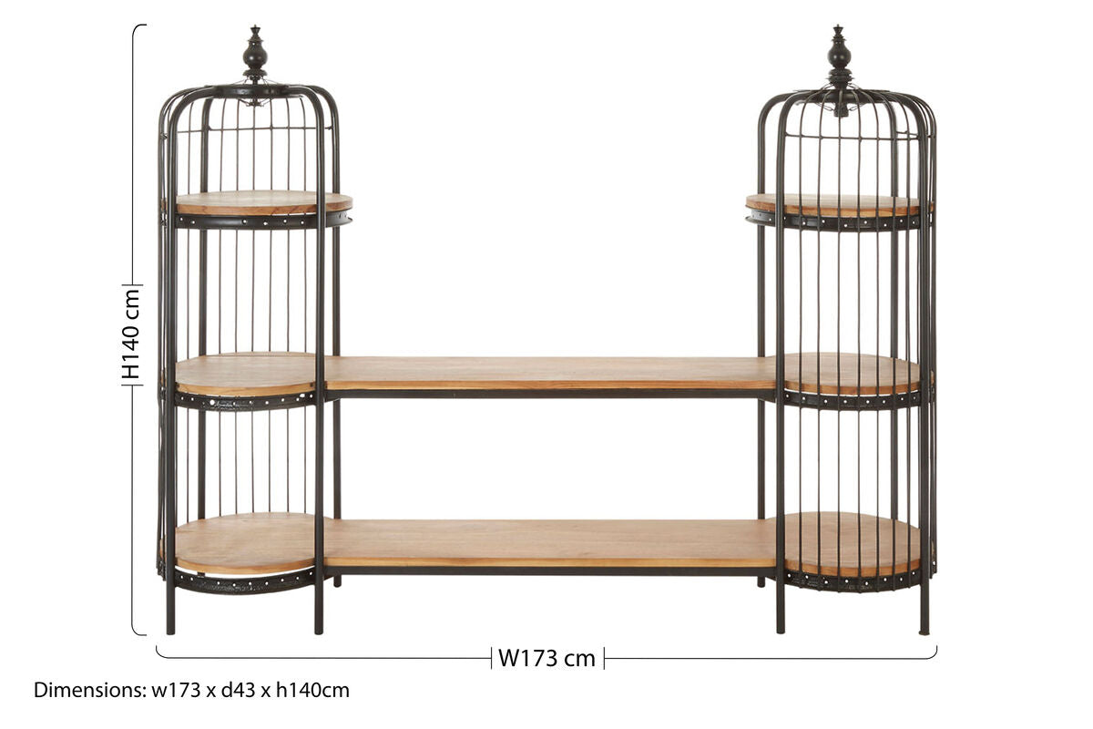 Orsina Mantis Birdcage Shelf Unit | Black Iron & Natural Wood