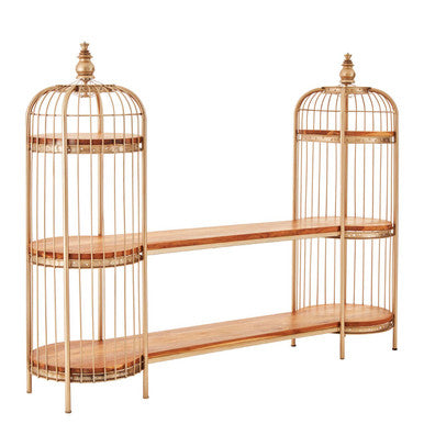 Orsina Mantis Birdcage Shelf Unit – Champagne Gold & Natural Timber