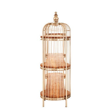 Orsina Mantis Birdcage Shelf Unit – Champagne Gold & Natural Timber