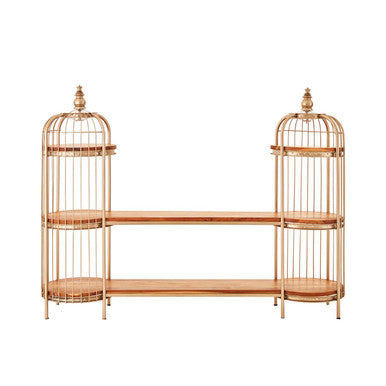 Orsina Mantis Birdcage Shelf Unit – Champagne Gold & Natural Timber