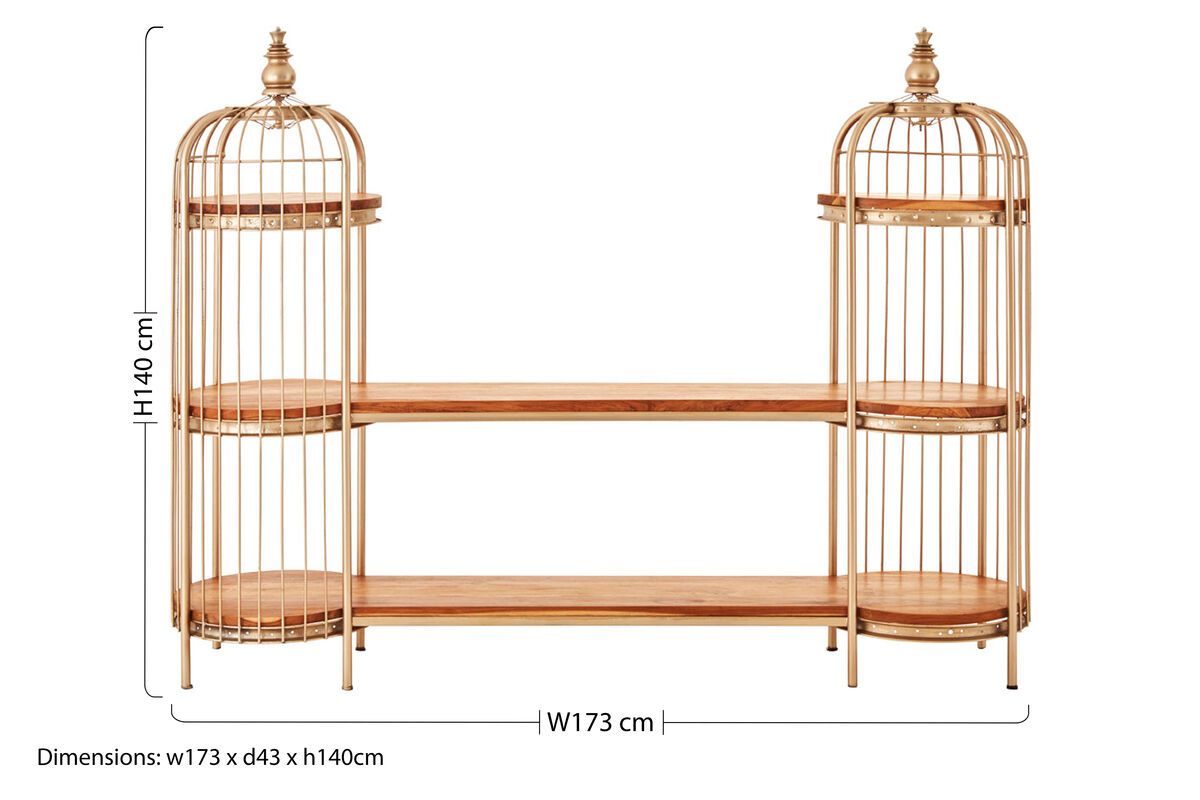 Orsina Mantis Birdcage Shelf Unit – Champagne Gold & Natural Timber