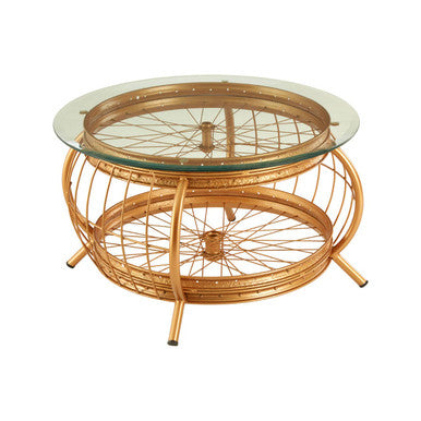 Orsina Mantis Round Glass Coffee Table – Gold Iron Spoke Frame