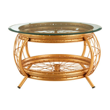 Orsina Mantis Round Glass Coffee Table – Gold Iron Spoke Frame