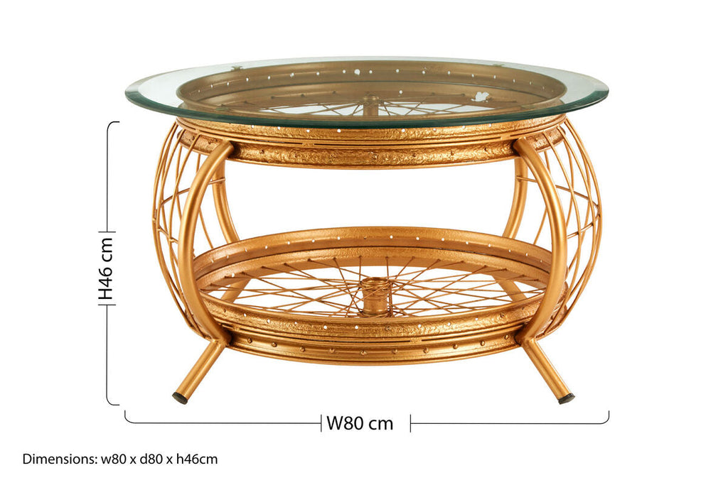 Orsina Mantis Round Glass Coffee Table – Gold Iron Spoke Frame
