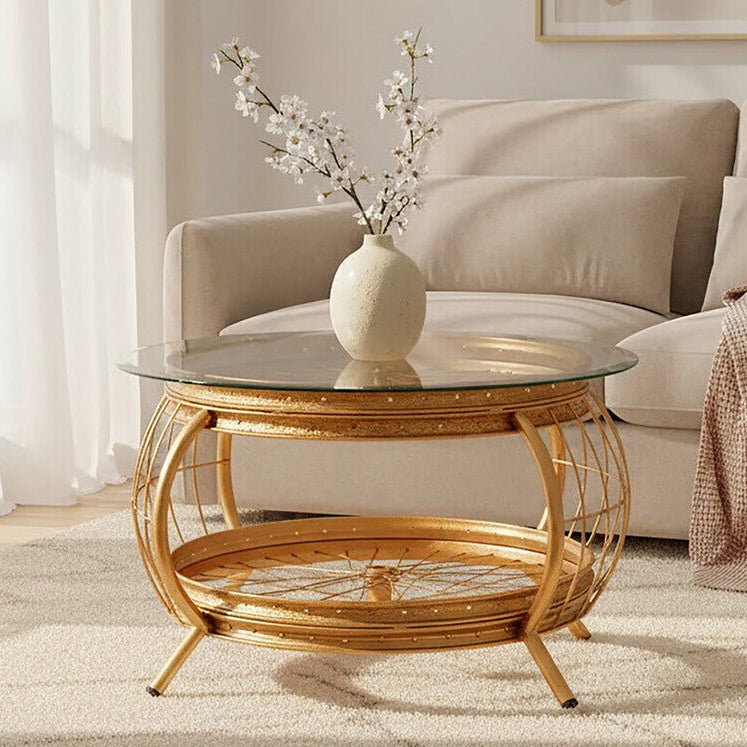 Orsina Mantis Round Glass Coffee Table – Gold Iron Spoke Frame