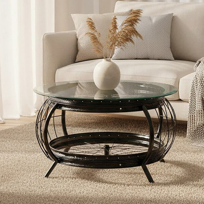 Orsina Mantis Round Glass Coffee Table | Black Iron Base & Frame