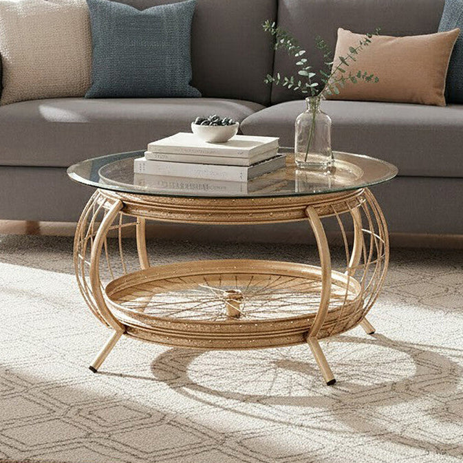 Orsina Mantis Round Glass Coffee Table - Champagne Gold Iron Frame
