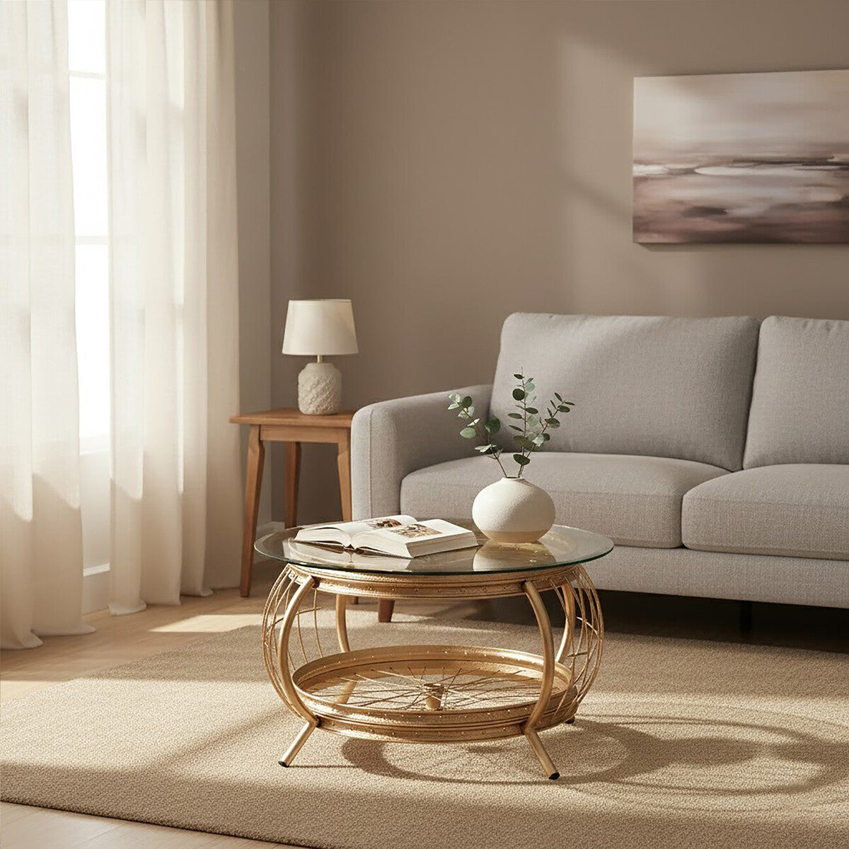 Orsina Mantis Round Glass Coffee Table - Champagne Gold Iron Frame