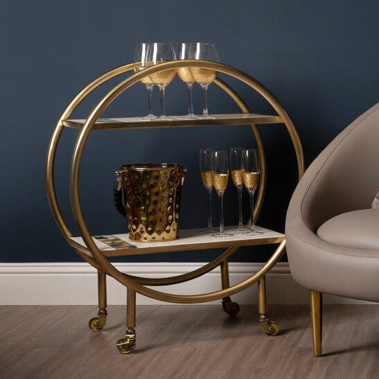 Orsina Vizzini 2-Tier Gold Bar Trolley with White Marble Shelves