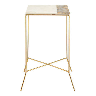 Orsina Vizzini White Marble Side Table with Agate Inlay & Gold Base